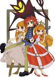 Rule 34 | 2boys, 2girls, bare shoulders, blonde hair, boku to maou, boots, clothes lift, crown, dress, dress lift, gloves, green eyes, long hair, looking at viewer, lord stanley hihat trinidad xiv, multiple boys, multiple girls, okage shadow king, open mouth, orange eyes, orange hair, princess, princess marlene, ruka (boku to maou), shadow, standing