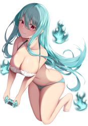 Rule 34 | 1girl, absurdres, aqua bikini, aqua hair, bikini, bow, bow bikini, breasts, cameltoe, cleavage, closed mouth, commentary request, controller, fire, frilled bikini, frilled bikini top, frills, highres, holding, holding controller, large breasts, legs together, lomocya, long hair, looking at viewer, original, playstation controller, red eyes, simple background, smile, solo, swimsuit, white background, white bikini