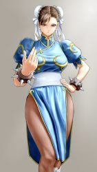 Rule 34 | 1girl, bracelet, brown eyes, brown hair, capcom, chinese clothes, chun-li, commentary request, double bun, earrings, fingernails, gradient background, grey background, hair bun, hand on own hip, hand up, highres, jewelry, looking at viewer, pantyhose, parted lips, pelvic curtain, puffy short sleeves, puffy sleeves, short sleeves, simple background, solo, spiked bracelet, spikes, street fighter, x chitch