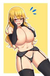 Rule 34 | 1girl, ajidot, black gloves, black panties, black thighhighs, blonde hair, blush, border, breasts, cleavage, elbow gloves, embarrassed, garter straps, gloves, green eyes, hands on own face, heterochromia, highres, huge breasts, long hair, looking at viewer, navel, open mouth, original, outline, panties, pointy ears, red eyes, solo, thighhighs, topless, underwear, underwear only, white border, yellow background