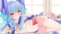 Rule 34 | 1girl, absurdres, blue hair, collarbone, flower, headgear, heart, heart-shaped pupils, highres, indoors, kirisame arisa, le fantasque (warship girls r), leotard, long hair, looking at viewer, lying, multicolored leotard, on side, smile, solo, symbol-shaped pupils, thighhighs, very long hair, warship girls r, white thighhighs, wrist cuffs, yellow eyes