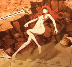 Rule 34 | 1girl, anime screenshot, breasts, bruise, closed eyes, completely nude, convenient censoring, convenient leg, defeat, earnest flaming, eiyuu kyoushitsu, feet, groin, hair over breasts, hair over eyes, highres, injury, large breasts, long hair, nude, on floor, red hair, screencap, stitched, sword, thighs, third-party edit, unconscious, weapon