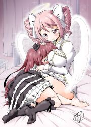 Rule 34 | 2girls, amashoku39, angel, angel wings, bed, between breasts, black socks, bloomers, blush, breast smother, breasts, brown eyes, brown hair, chair, closed mouth, curtains, drill hair, face to breasts, feet, frilled skirt, frilled socks, frills, gothic lolita, hair ribbon, halo, hanazono yurine, highres, hug, indoors, jashin-chan dropkick, large breasts, lolita fashion, long hair, lying, lying on lap, multiple girls, on bed, pink eyes, pink hair, pino (jashin-chan dropkick), ribbon, sitting, skirt, smile, socks, soles, table, tears, toes, twin drills, underwear, wall, wings, yuri