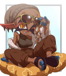 Rule 34 | absurdres, adjusting eyewear, alternate costume, arm up, asymmetrical hair, bare shoulders, beanie, breasts, capri pants, coat, commission, commissioner upload, crop top, cushion, dark-skinned female, dark skin, earrings, eyelashes, frye (splatoon), fur coat, gold necklace, hat, highres, inker comics, inkling, jewelry, knees apart feet together, large breasts, long eyelashes, long pointy ears, long sleeves, looking at viewer, midriff, navel, necklace, nintendo, non-web source, off shoulder, official alternate costume, one eye closed, open clothes, open coat, pants, pointy ears, sandals, shirt, short eyebrows, sitting, smile, solo, splatoon (series), splatoon 3, star-shaped pupils, star (symbol), sunglasses, symbol-shaped pupils, tentacle hair, toes, tooth earrings, yellow eyes