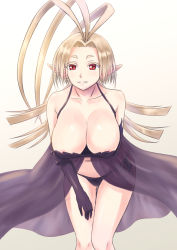 Rule 34 | 1girl, antenna hair, bikini, black bikini, black gloves, breasts, cleavage, elbow gloves, gloves, large breasts, leaning forward, long hair, looking at viewer, mahou tsukai no yome, navel, parted bangs, parted lips, pointy ears, red eyes, redcurrant (mahou tsukai no yome), see-through, side-tie bikini bottom, slit pupils, smile, solo, swimsuit, tsukizaki shizuka