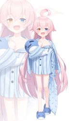 Rule 34 | 1girl, absurdres, ahoge, bintz, blue archive, blue eyes, blue pajamas, blush, buttons, collarbone, fang, flat chest, hair between eyes, halo, highres, hoshino (blue archive), long hair, long sleeves, multiple views, open mouth, pajamas, pink hair, pink halo, simple background, slippers, smile, white background, yellow eyes