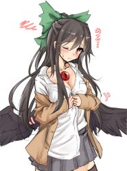 Rule 34 | 1girl, alternate costume, amagi (amagi626), black hair, black wings, blazer, blush, bow, breast pocket, breasts, brown jacket, cleavage, collarbone, commentary request, contemporary, cowboy shot, feathered wings, green bow, grey skirt, grey thighhighs, hair between eyes, hair bow, half updo, highres, jacket, long sleeves, looking at viewer, medium breasts, off shoulder, one eye closed, pleated skirt, pocket, red eyes, reiuji utsuho, school uniform, shirt, sidelocks, simple background, skirt, sleeves past wrists, solo, sweat, thighhighs, touhou, translation request, unbuttoning, undressing, white background, white shirt, wings, zettai ryouiki