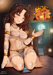 Rule 34 | 1girl, barefoot, black hair, blue eyes, blush, breasts, cleavage, collarbone, egyptian, el (girls und panzer), full moon, girls und panzer, halloween, halloween costume, highres, jack-o&#039;-lantern, kneeling, large breasts, loincloth, looking at viewer, megadeko, moon, mummy costume, navel, no panties, open mouth, pumpkin, pyramid (structure), shiny skin, sky, smile, solo, star (sky), starry sky, underboob
