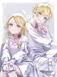 Rule 34 | 1boy, 1girl, aqua eyes, blonde hair, brother and sister, commentary, dress, finger to mouth, grin, hand on lap, highres, kagamine len, kagamine rin, long hair, long sleeves, looking at viewer, project sekai, shinku (user vvsh7744), short hair, siblings, smile, twins, vocaloid, white dress