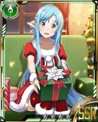 Rule 34 | 10s, 1girl, asuna (sao), asuna (sao-alo), blue eyes, blue hair, boots, box, card (medium), christmas tree, collarbone, couch, dress, gift, gift box, holding, holding box, indoors, long hair, looking at viewer, matching hair/eyes, open mouth, pointy ears, red dress, red thighhighs, santa boots, santa costume, sitting, solo, star (symbol), sword art online, thigh boots, thighhighs, very long hair, white footwear, wrist cuffs