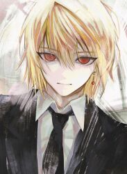 1boy artist_name black_jacket black_necktie blonde_hair closed_mouth collared_shirt dress_shirt earrings expressionless hair_between_eyes highres hunter_x_hunter jacket jewelry kurapika looking_at_viewer male_focus medium_hair necktie nwocp red_eyes shirt solo upper_body white_shirt