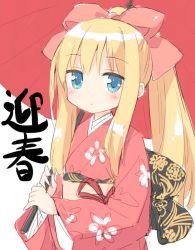Rule 34 | 1girl, blonde hair, blue eyes, blush, bow, closed mouth, copyright request, hair bow, japanese clothes, kani biimu, kimono, long hair, long sleeves, obi, oil-paper umbrella, pink bow, pink kimono, ponytail, sash, solo, standing, translated, umbrella, white background, wide sleeves