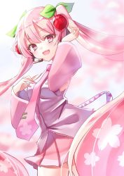 Rule 34 | 1girl, cherry hair ornament, detached sleeves, food-themed hair ornament, hair ornament, hand in own hair, hand on own chest, hatsune miku, highres, long sleeves, necktie, pamu (pamu53621378), pink eyes, pink hair, pink necktie, pink shirt, pink skirt, pink sleeves, pink theme, pleated skirt, sakura miku, shirt, skirt, solo, tie clip, twintails, vocaloid, wide sleeves