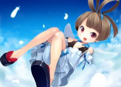 Rule 34 | 1girl, :d, angel wings, antenna hair, bloomers, book, brown hair, day, disgaea, disgaea d2, dress, feathers, happy, legs, meso-meso, nippon ichi, open mouth, red eyes, sandals, short hair, sicily (disgaea), sky, smile, solo, underwear, white bloomers, wings