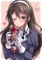 Rule 34 | 1girl, absurdres, artist name, ashigara (kancolle), blush, box, brown eyes, brown hair, closed mouth, dated, gift, gift box, gloves, hair between eyes, hairband, heart, highres, holding, holding gift, jacket, juliet sleeves, kantai collection, long hair, long sleeves, mashiro yukiya, one-hour drawing challenge, one eye closed, polka dot, polka dot background, puffy sleeves, purple jacket, signature, smile, solo, uniform, upper body, white gloves, white hairband
