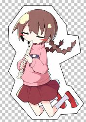 Rule 34 | 1girl, asameshi, blush stickers, braid, brown hair, checkered background, closed eyes, commentary, flute, full body, grey background, highres, holding flute, holding instrument, instrument, long hair, long sleeves, madotsuki, music, outline, pink sweater, playing instrument, recorder, red footwear, red skirt, shoes, skirt, socks, solo, sweater, twin braids, twintails, white outline, white socks, yume nikki