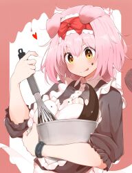 Rule 34 | 1girl, :q, absurdres, animal ears, arknights, black shirt, blush, bowl, cat ears, cat girl, chocolate, chocolate on face, closed mouth, collared shirt, food, food on face, goldenglow (arknights), hair between eyes, heart, highres, holding, holding bowl, holding whisk, infection monitor (arknights), long sleeves, looking down, medium hair, orange eyes, pcaccount13, pink hair, shirt, sidelocks, smile, solo, tongue, tongue out, upper body, v-shaped eyebrows, whisk, whisking
