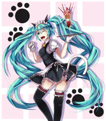 Rule 34 | 1girl, alternate costume, animal ears, aqua eyes, aqua hair, bad id, bad pixiv id, bell, cat ears, cat tail, enmaided, food, gloves, hatsune miku, highres, ice cream, jingle bell, long hair, maid, maid headdress, one eye closed, open mouth, paw pose, puuzaki puuna, skirt, solo, sundae, tail, thighhighs, tray, twintails, very long hair, vocaloid, wink