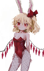 Rule 34 | 1girl, absurdres, alternate wings, animal ears, arm at side, arm behind back, bare shoulders, blonde hair, blush, bow, breasts, rabbit ears, collarbone, contrapposto, covered navel, fake animal ears, fishnet legwear, fishnets, flandre scarlet, groin, hand on own hip, highres, legs apart, leotard, looking at viewer, medium hair, one side up, playboy bunny, pointy ears, red bow, red eyes, red leotard, reddizen, simple background, slit pupils, small breasts, smile, solo, standing, strapless, strapless leotard, touhou, wavy hair, white background, wings