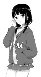 Rule 34 | 1girl, blush, casual, clothes writing, cursive, earphones, grey background, greyscale, hand in pocket, hand up, highres, jacket, letterman jacket, long sleeves, looking at viewer, low twintails, miniskirt, monochrome, motomiki, official alternate costume, open clothes, open jacket, open mouth, pleated skirt, shirt, simple background, skirt, solo, standing, tamura yuri, twintails, watashi ga motenai no wa dou kangaetemo omaera ga warui!