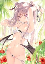 Rule 34 | 1girl, armpits, arms up, bare arms, bare shoulders, bikini, bikini pull, choker, clothes pull, collarbone, cowboy shot, cuffs, demon wings, eve-chan, flat chest, flower, groin, handcuffs, hibiscus, highres, long hair, looking at viewer, navel, original, parted lips, purple eyes, red flower, rurudo, side-tie bikini bottom, silver hair, solo, standing, stomach, sweat, swimsuit, twintails, very long hair, white bikini, wings