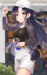 Rule 34 | 1girl, absurdres, alternate costume, bad id, bad pixiv id, bag, black hair, black jacket, black shirt, commentary request, drink, drinking straw, earrings, fate/grand order, fate (series), hat, highres, holding, holding drink, ishida umi, ishtar (fate), jacket, jewelry, long hair, looking at viewer, nail polish, outdoors, red eyes, red nails, shirt, shorts, smile, solo, teeth, white hat, white shorts