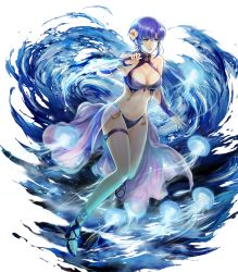 Rule 34 | 1girl, bare shoulders, bikini, blue eyes, blue hair, breasts, cleavage, dagger, earrings, feet, female focus, fire emblem, fire emblem: the blazing blade, fire emblem heroes, flower, front-tie bikini top, front-tie top, full body, hair flower, hair ornament, hibiscus, high heel sandals, highres, holding, holding knife, holding weapon, jellyfish, jewelry, knife, medium breasts, navel, nintendo, official art, sarong, see-through, short hair, smile, solo, stomach, swimsuit, tassel, thigh strap, toes, transparent background, ursula (fire emblem), ursula (summer) (fire emblem), water, weapon, yamada koutarou