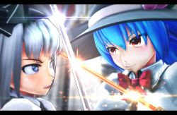 Rule 34 | 2girls, 3d, battle, blue eyes, blue hair, blurry, blurry background, blush, bow, clenched teeth, collared shirt, green vest, hairband, hat, highres, hinanawi tenshi, katana, konpaku youmu, letterboxed, light particles, long hair, looking at another, mikumikudance (medium), multiple girls, red eyes, serious, shirt, short hair, silver hair, sparks, sword, sword of hisou, teeth, touhou, vest, weapon, white shirt, yasiro (oyasiro35)