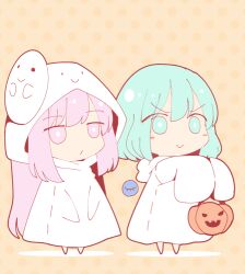 Rule 34 | . ., 2girls, :&gt;, :/, animated, animated gif, aqua eyes, aqua hair, blush stickers, bright pupils, chibi, closed mouth, expressionless, eyeball, flat color, full body, ghost costume, halloween, halloween bucket, halloween costume, hata no kokoro, holding, hood, hood down, hood up, jack-o&#039;-lantern, komeiji koishi, light green hair, long hair, long sleeves, looking ahead, looping animation, lowres, mask, mask on head, multiple girls, no nose, orange background, pink eyes, pink hair, polka dot, polka dot background, short hair, side-by-side, sidelocks, sleeves past fingers, sleeves past wrists, smile, sparkle, standing, third eye, touhou, trick-or-treating, v-shaped eyebrows, white hood, white pupils, wide sleeves, you (noanoamoemoe)