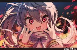 Rule 34 | 1girl, :d, absurdres, black bow, blush, bow, dated, fire, grey hair, hair between eyes, hands up, haruwaka 064, highres, japanese clothes, kariginu, long hair, looking at viewer, mononobe no futo, open mouth, red eyes, ribbon, ribbon-trimmed sleeves, ribbon trim, side ponytail, sketch, smile, sweat, touhou, white ribbon