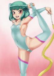 Rule 34 | 1girl, armpits, blush, breasts, cameltoe, covered erect nipples, covered navel, feet, gradient background, green hair, gymnastics, hair ribbon, hands on feet, highres, holding own foot, leotard, looking at viewer, md5 mismatch, mesu kyoushi, okayou, open mouth, plantar flexion, red eyes, resolution mismatch, rhythmic gymnastics, ribbon, sideboob, small breasts, smile, solo, source larger, standing, standing on one leg, takamine saya, thighhighs