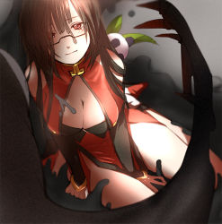 Rule 34 | 1boy, 1girl, alternate hairstyle, arakune, arc system works, black hair, blazblue, blazblue: calamity trigger, bra, breasts, claws, cleavage, cleavage cutout, clothing cutout, couple, detached sleeves, glasses, hetero, ichihashi makoto, lao jiu, large breasts, lingerie, litchi faye ling, long hair, mask, monster, pov, slime (substance), tears, underwear, very long hair