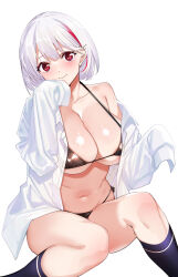 Rule 34 | 1girl, absurdres, bikini, black bikini, black socks, blush, breasts, character request, cleavage, closed mouth, collarbone, copyright request, hands up, highres, large breasts, looking at viewer, multicolored hair, navel, open clothes, open shirt, red eyes, red hair, shirt, simple background, sitting, sleeves past fingers, sleeves past wrists, socks, solo, stomach, streaked hair, swimsuit, tomohiro kai, white background, white hair, white shirt