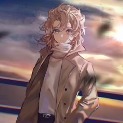 Rule 34 | 1boy, albedo (genshin impact), androgynous, blonde hair, blue eyes, cloud, cloudy sky, coat, cocona w, genshin impact, hands in pockets, highres, long sleeves, looking at viewer, male focus, pants, shirt, sky, smile, solo, sunset, white shirt