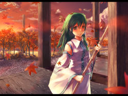 Rule 34 | 1girl, akino komichi, autumn, autumn leaves, broom, building, detached sleeves, female focus, forest, green eyes, green hair, highres, holding, kochiya sanae, letterboxed, long hair, long sleeves, looking at viewer, matching hair/eyes, nature, outdoors, pillar, plant, shrine, solo, sunlight, sunset, touhou, tree
