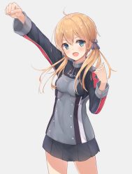 Rule 34 | 10s, 1girl, :d, ahoge, anchor hair ornament, arm up, bad id, bad pixiv id, black ribbon, black skirt, blonde hair, blue eyes, breasts, cowboy shot, cross, grey background, hachita (odangoya), hair ornament, hair ribbon, iron cross, kantai collection, long sleeves, low twintails, md5 mismatch, military, military uniform, open mouth, pleated skirt, prinz eugen (kancolle), raised fist, resolution mismatch, ribbon, simple background, skirt, small breasts, smile, solo, source larger, standing, twintails, uniform