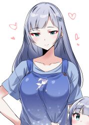 Rule 34 | 2girls, absurdres, aged up, apron, blue apron, blue hair, blue shirt, blush, breasts, collarbone, heart, highres, idolmaster, idolmaster million live!, if they mated, large breasts, long hair, looking at viewer, mother and daughter, multiple girls, shiraishi tsumugi, shirt, simple background, smile, takahiro (crimson bolt), upper body, very long hair, white background