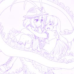 Rule 34 | 2girls, boots, bow, cape, carrying, cross-laced footwear, closed eyes, hat, hat bow, hinanawi tenshi, isaki (gomi), lineart, long hair, monochrome, multiple girls, nagae iku, open mouth, princess carry, puffy short sleeves, puffy sleeves, purple theme, shawl, shirt, short sleeves, skirt, smile, touhou, very long hair
