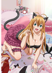 Rule 34 | 1girl, :d, all fours, animal ears, aqua eyes, barefoot, bedroom, black hairband, blonde hair, breasts, cat ears, cat tail, cleavage, clock, collarbone, earrings, fake animal ears, fang, female focus, frilled pillow, frills, garter straps, hair between eyes, hairband, ikkitousen, indoors, jewelry, large breasts, layered skirt, long hair, looking at viewer, miniskirt, open mouth, paw pose, pillow, purple skirt, shiny skin, skirt, smile, solo, sonsaku hakufu, straight hair, strapless, tail, very long hair
