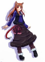 Rule 34 | 00s, 1girl, animal ears, arms at sides, black skirt, holo, long hair, long skirt, long sleeves, looking at viewer, orange hair, red eyes, sidelocks, simple background, skirt, solo, spice and wolf, sweater, white background, wolf ears