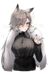 Rule 34 | 1girl, animal ears, arknights, black shirt, black skirt, blush, braid, breasts, breath, commentary, cowboy shot, eyes visible through hair, fur-trimmed jacket, fur trim, grey hair, hair between eyes, hair ornament, hairclip, highres, horn/wood, jacket, jacket on shoulders, large breasts, long hair, looking at viewer, mole above eye, notice lines, official alternate costume, parted lips, penance (arknights), penance (occasionally flushed) (arknights), ribbed shirt, shirt, shirt tucked in, side braid, simple background, single braid, skirt, solo, standing, sweatdrop, turtleneck, white background, white jacket, wolf ears, wolf girl, yellow eyes