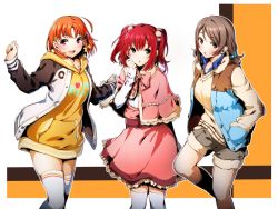 Rule 34 | 10s, 3girls, :o, ahoge, blue eyes, bow, bowtie, brown hair, brown shorts, capelet, clenched teeth, cyaron (love live!), green eyes, hair bow, hair ornament, hand in pocket, hand up, highres, jacket, kurosawa ruby, long sleeves, looking at viewer, love live!, love live! sunshine!!, multiple girls, nakano maru, orange hair, pink capelet, pink neckwear, pink skirt, red eyes, red hair, shorts, skirt, smile, standing, takami chika, teeth, thighhighs, twintails, watanabe you, white legwear, yellow bow