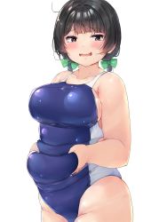 Rule 34 | 1girl, belly, belly grab, black hair, blush, breasts, competition swimsuit, embarrassed, grey eyes, highres, large breasts, looking at viewer, one-piece swimsuit, open mouth, original, plump, shinonon (iso shino), short twintails, sideboob, solo, standing, swimsuit, twintails