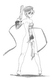 Rule 34 | 1girl, arc system works, ass, back, barefoot, beret, blazblue, breasts, detached sleeves, dual wielding, finger on trigger, flat ass, full body, greyscale, gun, handgun, harumachi nagaaki, hat, holding, looking back, monochrome, noel vermillion, nude, nudist, pistol, ribbon, short hair, small breasts, solo, tiptoes, weapon
