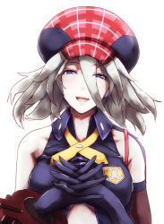 Rule 34 | 10s, 1girl, alisa ilinichina amiella, bare shoulders, black gloves, blue eyes, breasts, cabbie hat, close-up, elbow gloves, fingerless gloves, gloves, god eater, god eater burst, hat, highres, large breasts, long hair, looking at viewer, nina (ninageya), open mouth, silver hair, smile, solo, underboob