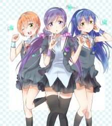 Rule 34 | 3girls, ;), armband, artist request, black legwear, black skirt, blue hair, blush, character name, checkered background, commentary request, dress, green eyes, hair ornament, twirling hair, hairband, highres, hoshizora rin, lily white (love live!), long hair, looking at viewer, love live!, love live! school idol project, low twintails, multiple girls, one eye closed, open mouth, orange hair, purple hair, scrunchie, short hair, skirt, smile, sonoda umi, thighhighs, tojo nozomi, twintails, yellow eyes