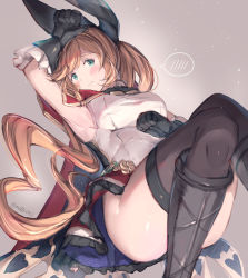 Rule 34 | 1girl, arm up, armpits, bad id, bad pixiv id, bare shoulders, black cape, black gloves, black ribbon, blush, boots, breasts, brown hair, brown thighhighs, cape, clarisse (granblue fantasy), closed mouth, commentary request, elbow gloves, frilled gloves, frilled skirt, frills, gloves, granblue fantasy, green eyes, grey background, grey footwear, hair ribbon, highres, knee boots, long hair, looking at viewer, lying, medium breasts, milli little, multicolored cape, multicolored clothes, on back, red cape, red skirt, ribbon, shirt, skirt, sleeveless, sleeveless shirt, solo, spoken blush, thighhighs, twitter username, very long hair