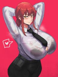Rule 34 | 1girl, alternate breast size, armpits, arms behind head, black necktie, black pants, blouse, blush, bra, bra visible through clothes, braid, braided ponytail, breasts, bursting breasts, chainsaw man, collared shirt, heart, highres, huge breasts, long hair, makima (chainsaw man), necktie, office lady, pants, red background, red eyes, red hair, ringed eyes, see-through, shirt, shirt tucked in, sidelocks, simple background, skirt, smile, solo, spoken heart, steam, sweatdrop, underwear, wet, wet clothes, white shirt, yellow eyes, ytrall