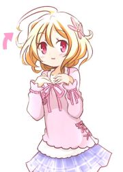 Rule 34 | 100 percent orange juice, 1girl, :3, ahoge, arrow (symbol), blonde hair, blouse, blush, closed mouth, collarbone, commentary request, flower, hair between eyes, hair flower, hair ornament, hands up, hime (orange juice), hono, long sleeves, official art, pink flower, pink ribbon, pink shirt, plaid, plaid skirt, pleated skirt, purple skirt, red eyes, ribbon, ribbon-trimmed sleeves, ribbon trim, shirt, simple background, skirt, solo, suguri, white background