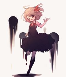 Rule 34 | 1girl, ahoge, black skirt, black vest, blonde hair, darkness, fang, floating hair, full body, grey background, hair ribbon, hand up, highres, hito komoru, looking at viewer, open mouth, outstretched arm, red eyes, red neckwear, red ribbon, ribbon, rumia, short sleeves, skirt, skirt set, smile, solo, touhou, vest